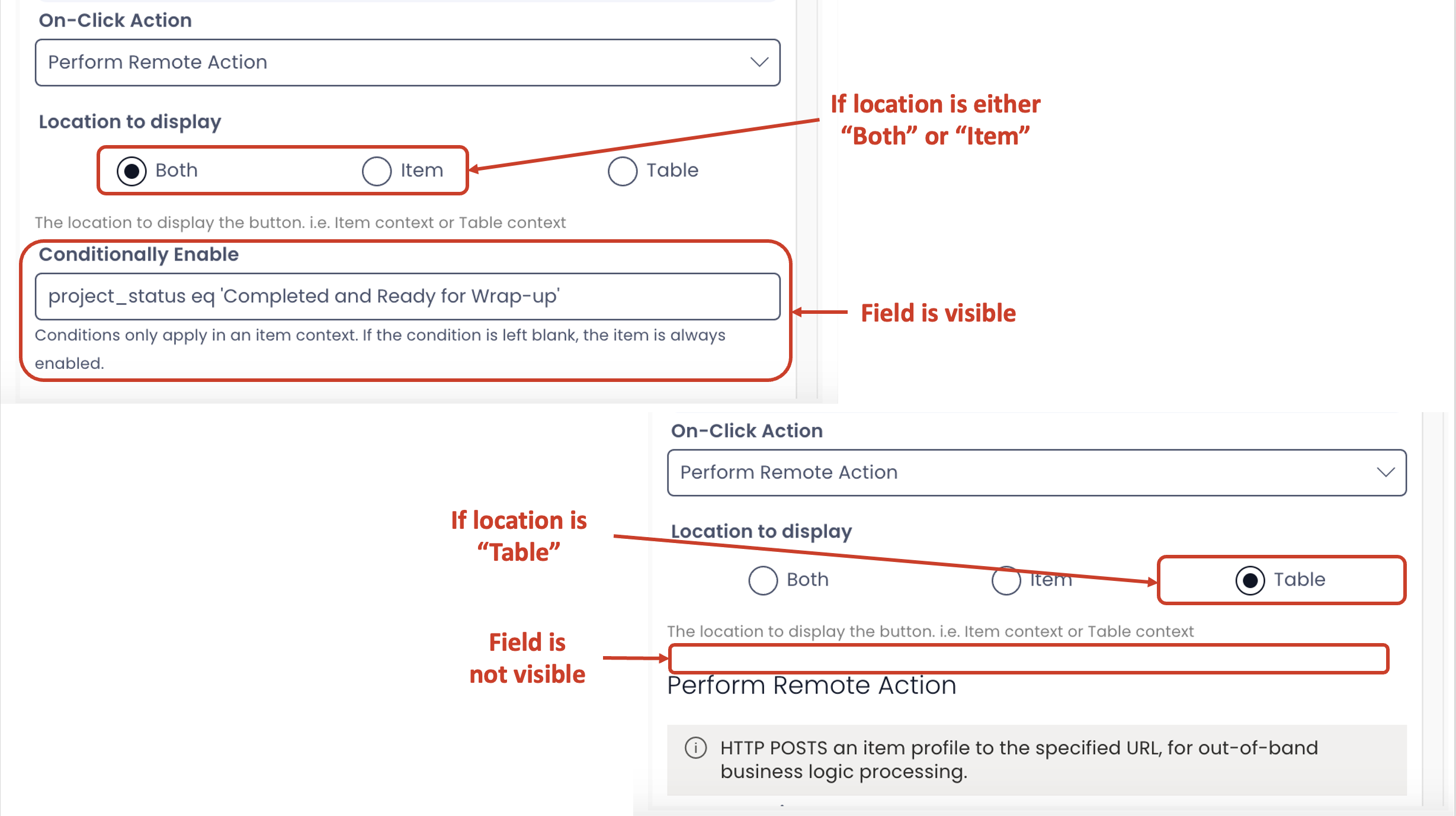 Image showing field to configure condition visible / invisible based on location of menu selected 